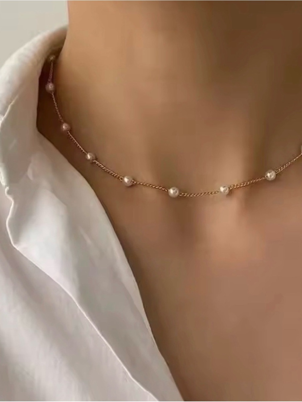 Delicate Pearl Station Rose Gold Choker Necklace